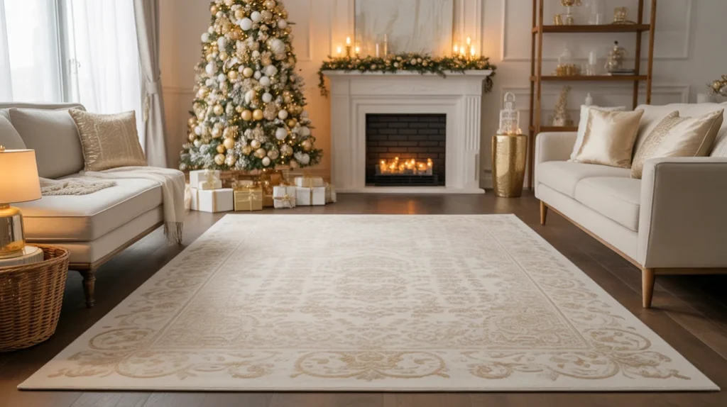 White rug with golden accents creating a cozy foundation for a luxury Christmas living room setup