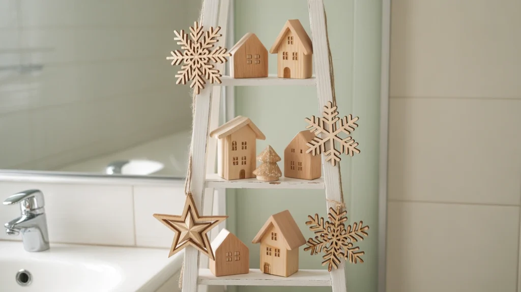 wooden Christmas houses and rustic holiday pieces styled on bathroom shelf