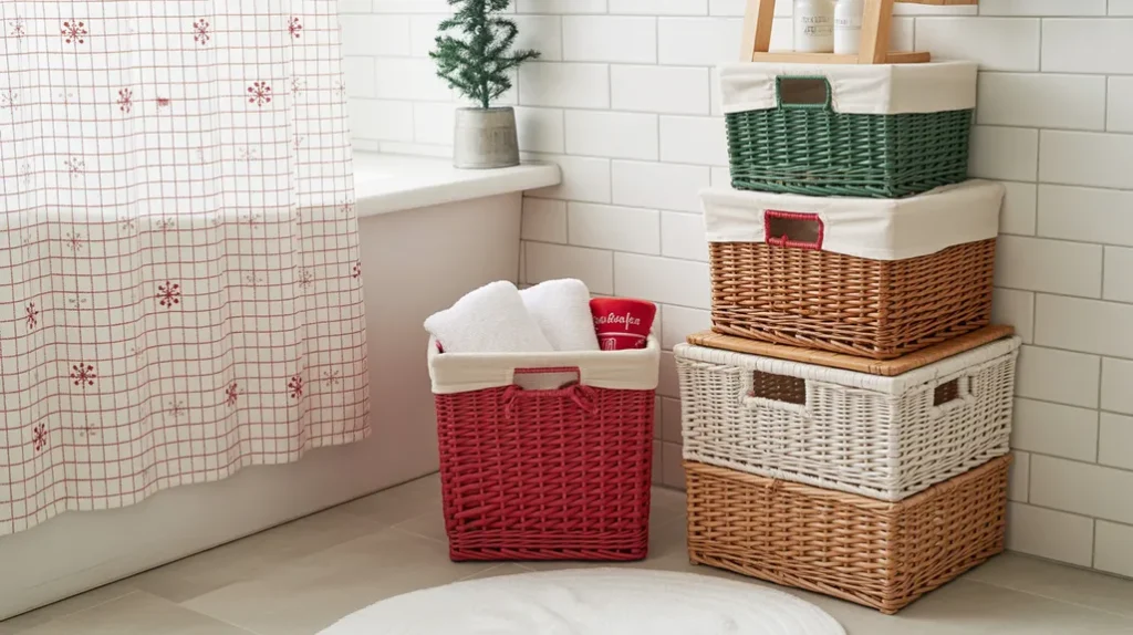 Bathroom storage baskets coordinated with a Christmas shower curtain for a tidy holiday setup.