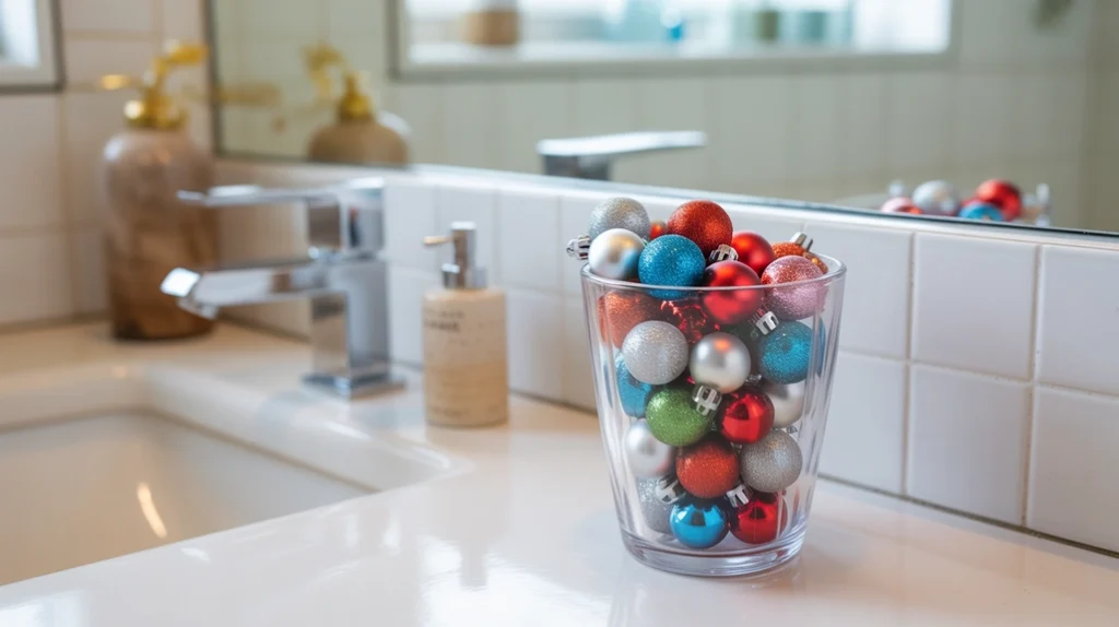 Glass vase filled with mini Christmas ornaments for simple bathroom holiday décor.