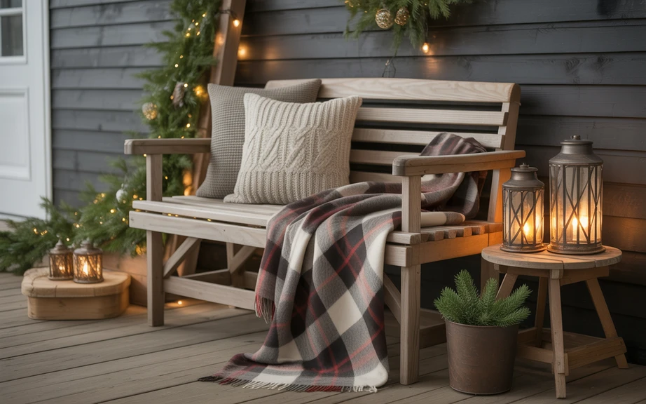 Cozy Porch Bench with Layered Textiles