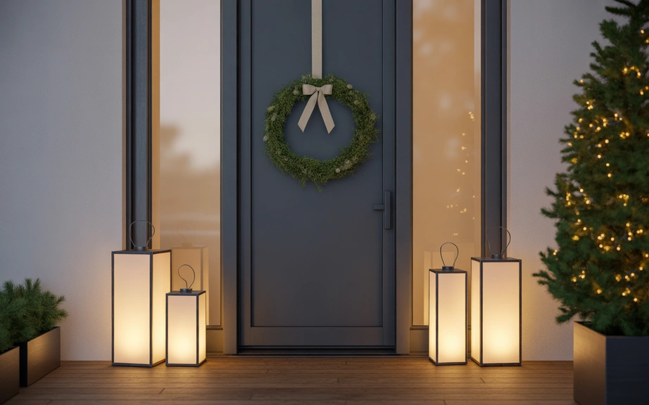 Minimal Green Wreath with Tall Black Lanterns