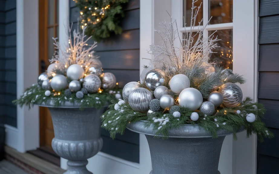 Silver-and-White Ornament Porch Urns