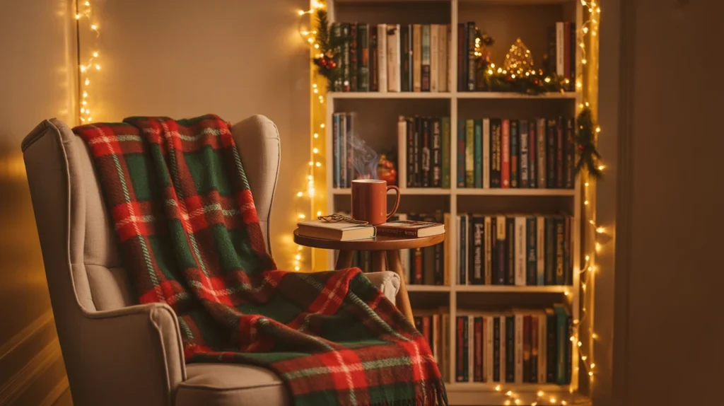 christmas reading nook with chair, blanket, cocoa mug, and fairy lights in cozy bedroom corner