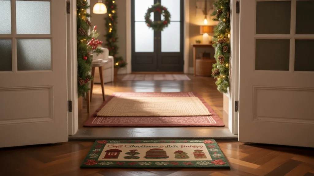 Christmas hallway doormat layered with rugs for a warm holiday welcome