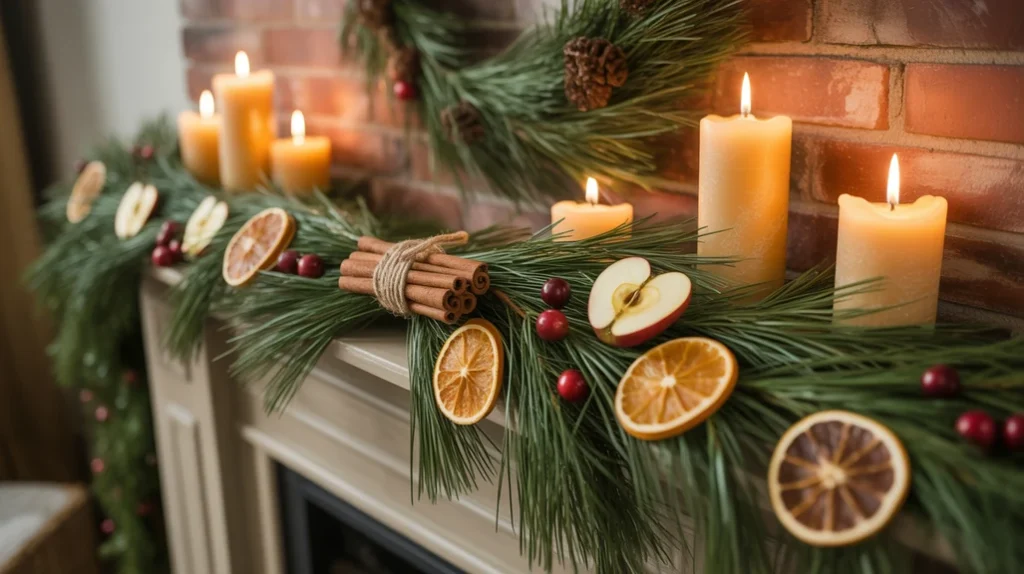Eco-friendly Christmas mantel styling with natural pine garlands, dried fruit ornaments, and sustainable decor