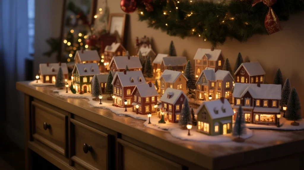 Mini Christmas village with built-in lights adding festive glow to living room table