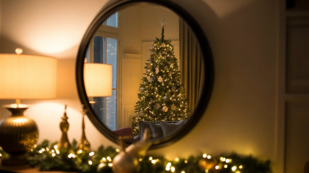 Christmas tree lights reflecting in mirror for expanded cozy glow and night aesthetic