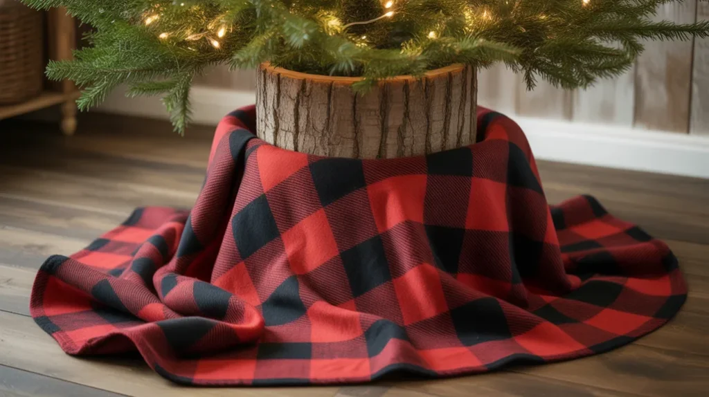 Plaid throw blanket and textured tree skirt completing farmhouse decor
