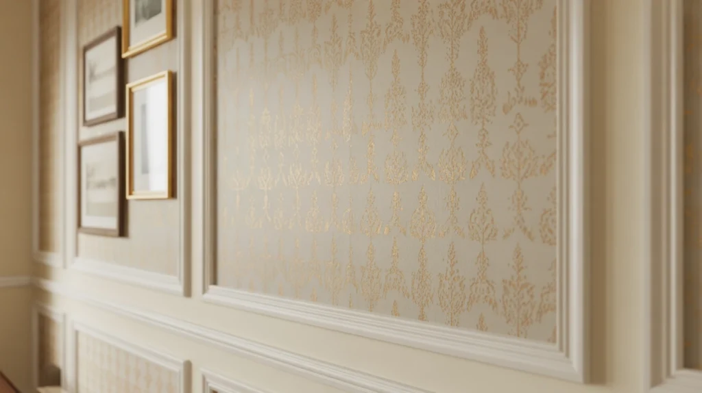 “Vintage wall molding and wallpaper for a sophisticated living room.”