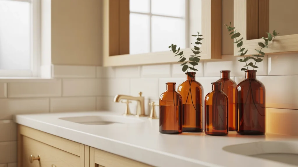 Amber glass bottles adding warm winter tones to clean Nordic Christmas bathroom styling.
