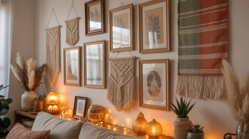 Framed art, vintage prints, and personal decor adding soulful warmth to boho Christmas bedroom