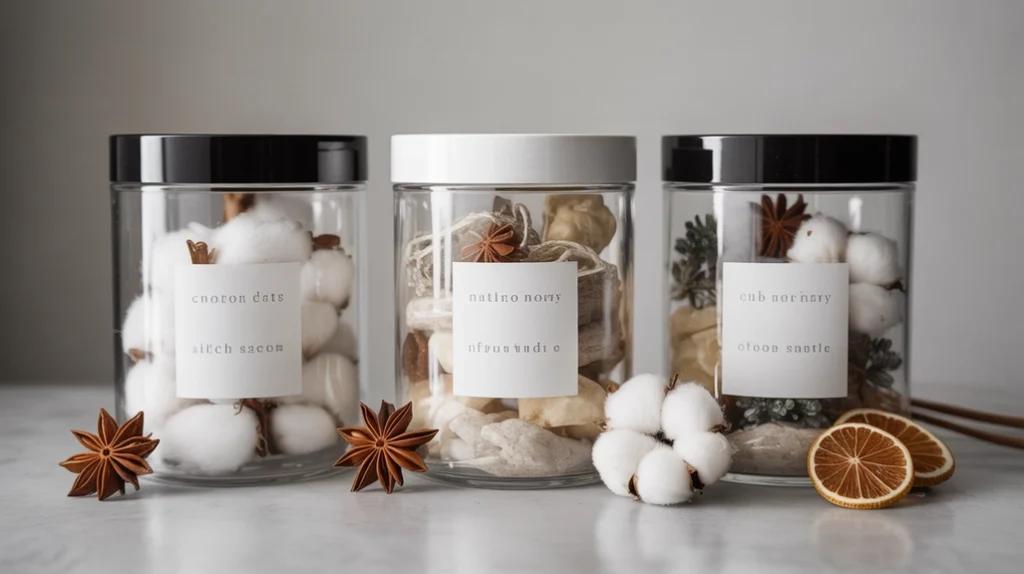 clear bathroom jars with black and white lids filled with cotton and winter potpourri