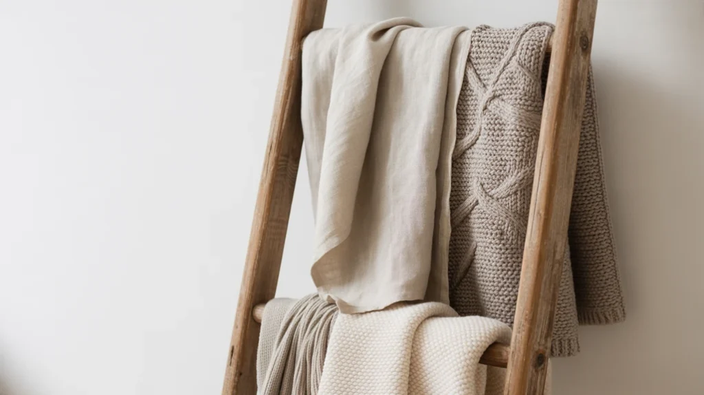 Wooden blanket ladder with neutral throws enhancing cozy Scandinavian minimalist bedroom decor