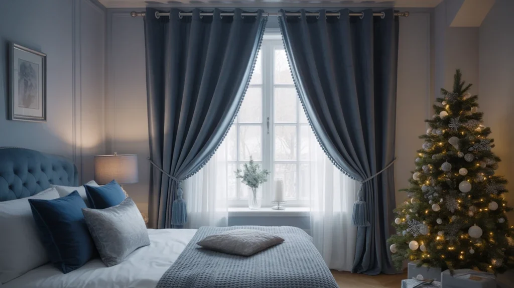 Deep blue velvet curtains with silver tiebacks, framing a window in a cozy, winter-inspired Christmas bedroom.