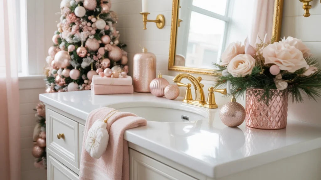 blush pink ornaments and accessories adding soft feminine glam to christmas bathroom decor