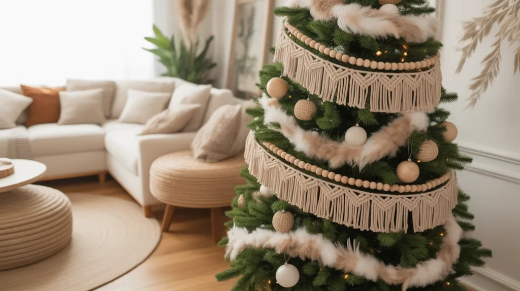 Bohemian Christmas tree with macramé garlands, feathers, and neutral holiday decor
