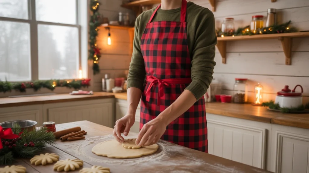 Buffalo plaid apron worn in a cozy farmhouse kitchen during festive holiday cooking
