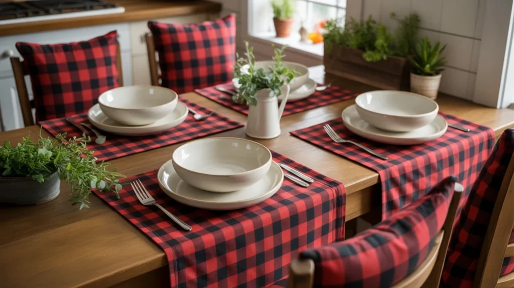 buffalo plaid napkins and cushions in a farmhouse kitchen decorated for christmas
