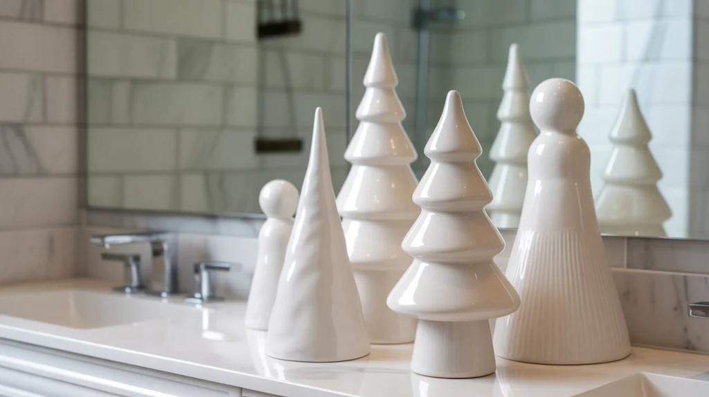 ceramic Christmas trees and minimalist holiday figurines on bathroom shelf