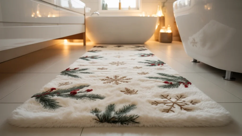 Soft Christmas bathroom rug with winter patterns bringing warmth and holiday style