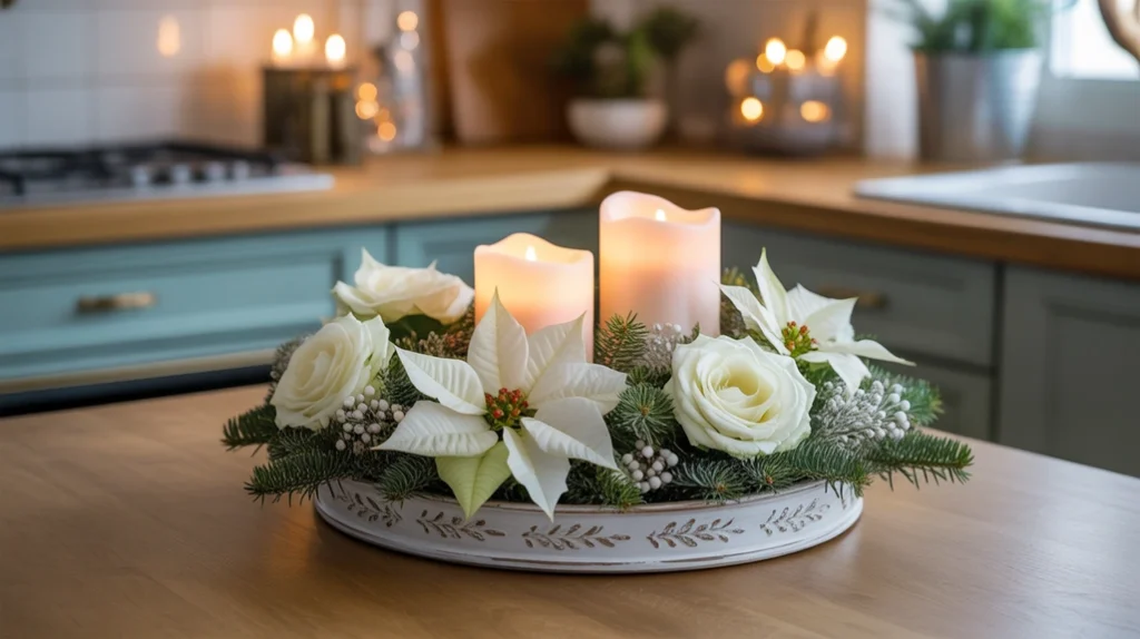 tray with winter floral arrangement, poinsettias or white roses, and soft led candle