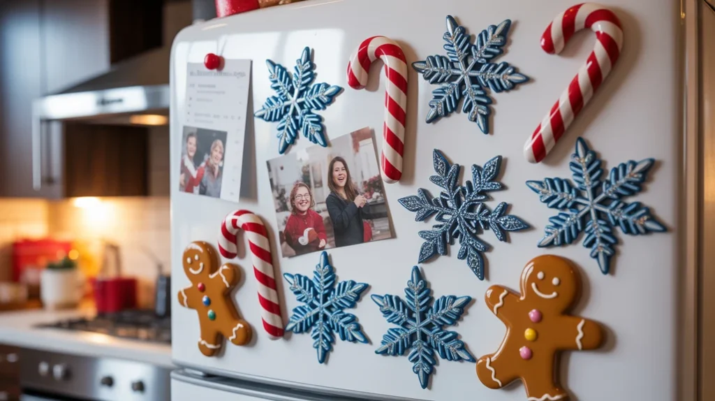 Christmas-themed fridge magnets with snowflakes and gingerbread shapes