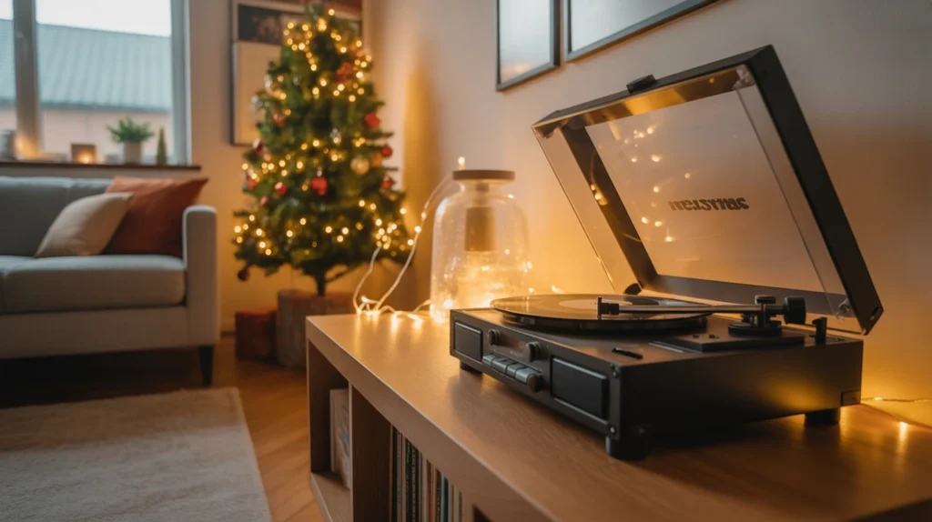 record player and fairy lights creating relaxing Christmas atmosphere