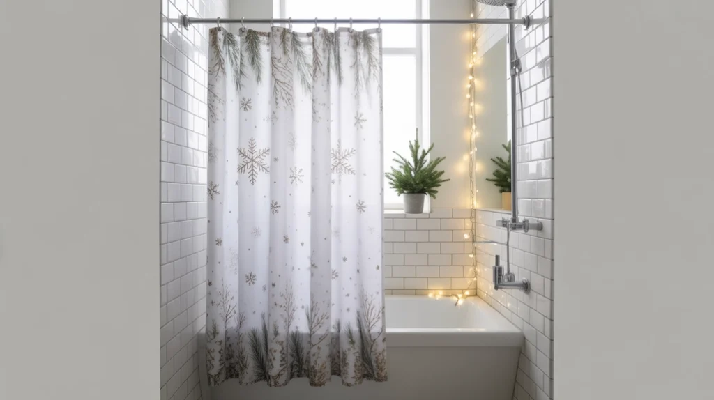 Christmas shower liner with winter prints adding subtle holiday style to a tiny bathroom.