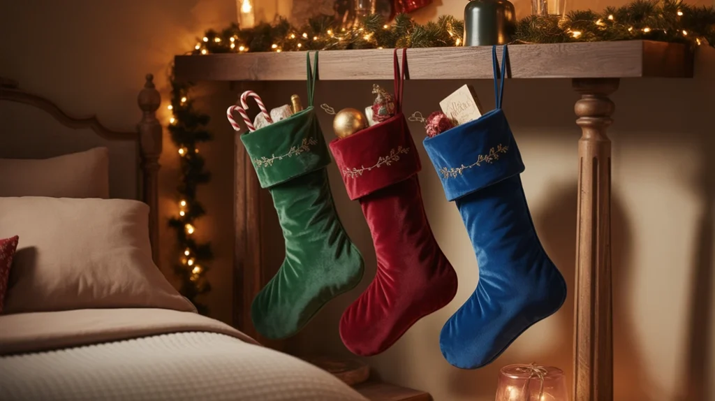 Velvet and denim Christmas stockings hanging on bedposts in a trendy teen holiday bedroom setup