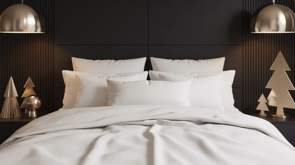 Black and white modern bedroom with metallic Christmas accents for chic holiday aesthetic