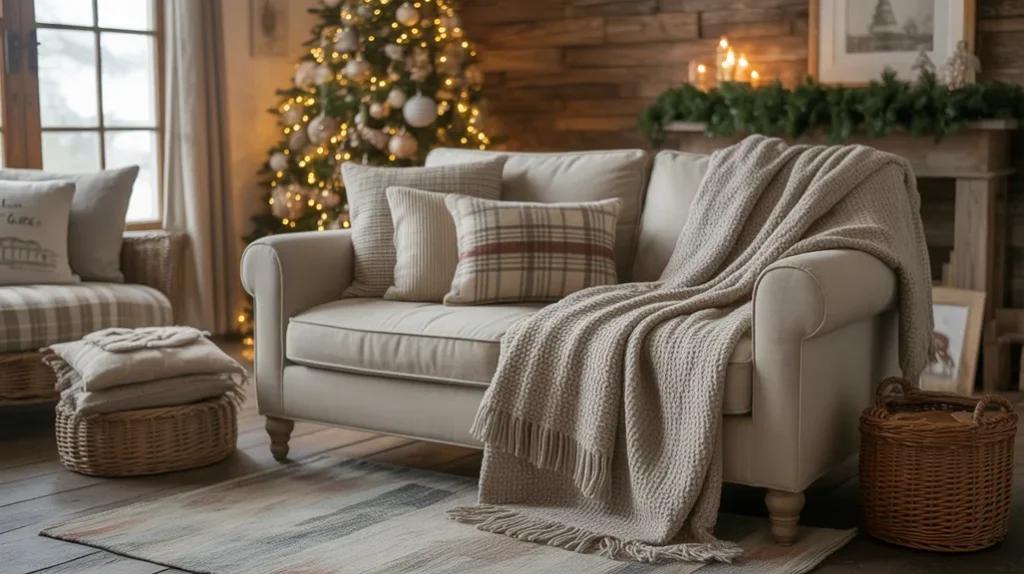 Cozy farmhouse textiles and layered Christmas decor with plaid pillows, blankets, and rustic warmth.