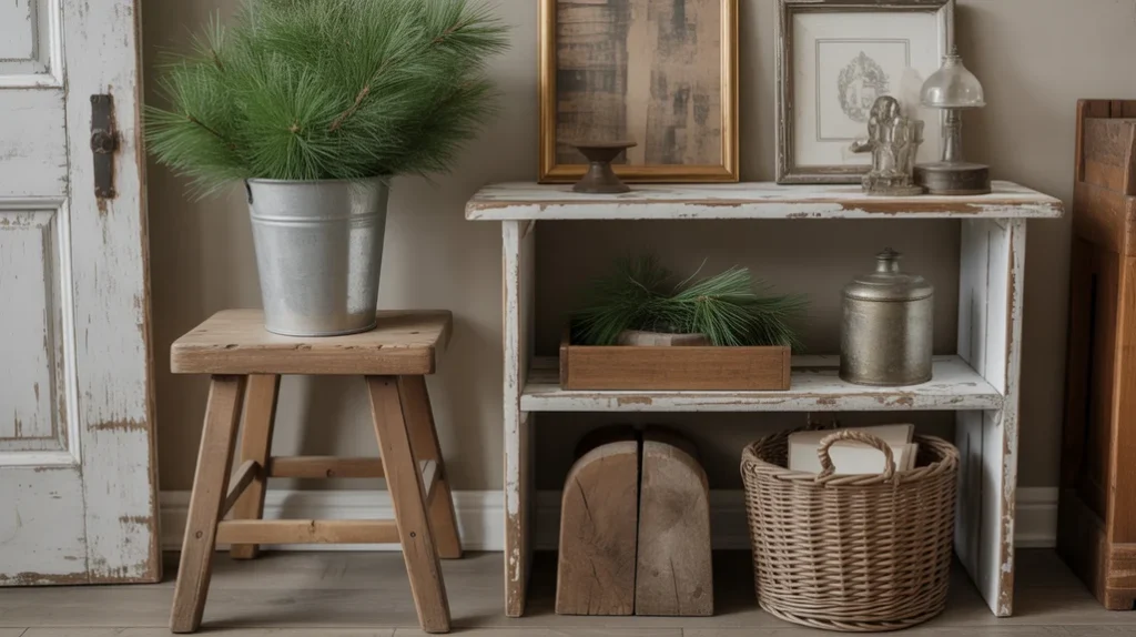 “Distressed wood accents styled with greenery for rustic farmhouse Christmas decor”