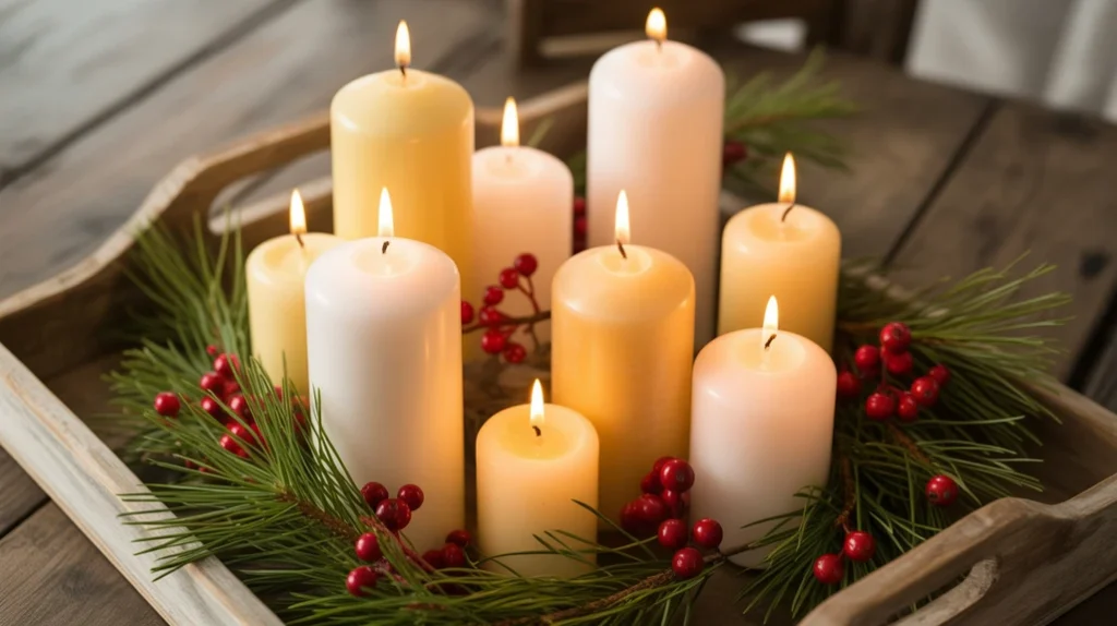 Budget candle centerpiece with pine branches and berries for warm Christmas kitchen ambiance