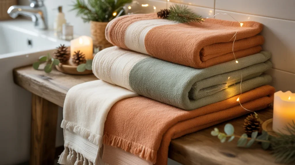 earth tone boho towels arranged with holiday greenery for cozy christmas bathroom decor