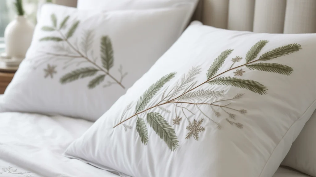 White bedding with embroidered pine and snowflake details for subtle festive touch