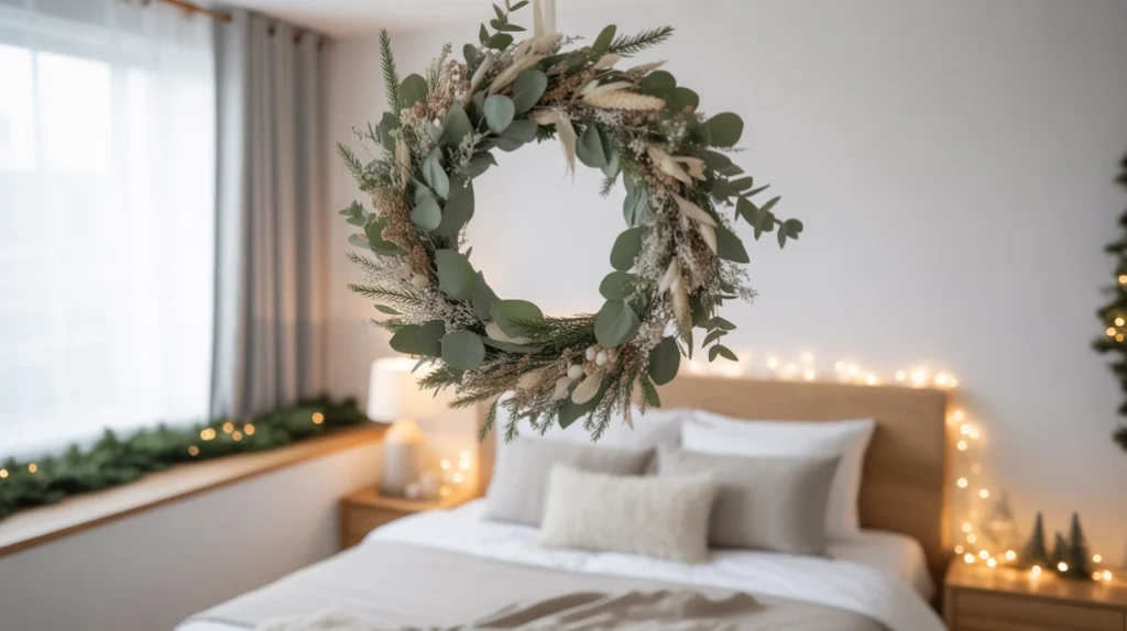 Eucalyptus and dried floral wreaths for minimalist Christmas bedroom greenery