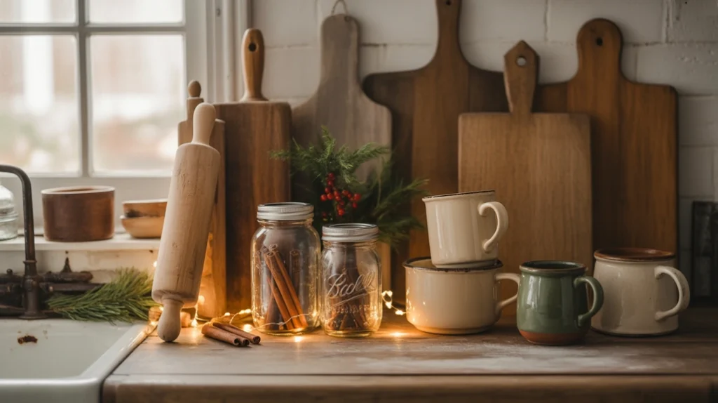 rolling pins, mugs, and kitchen tools displayed as decor in rustic christmas farmhouse kitchen