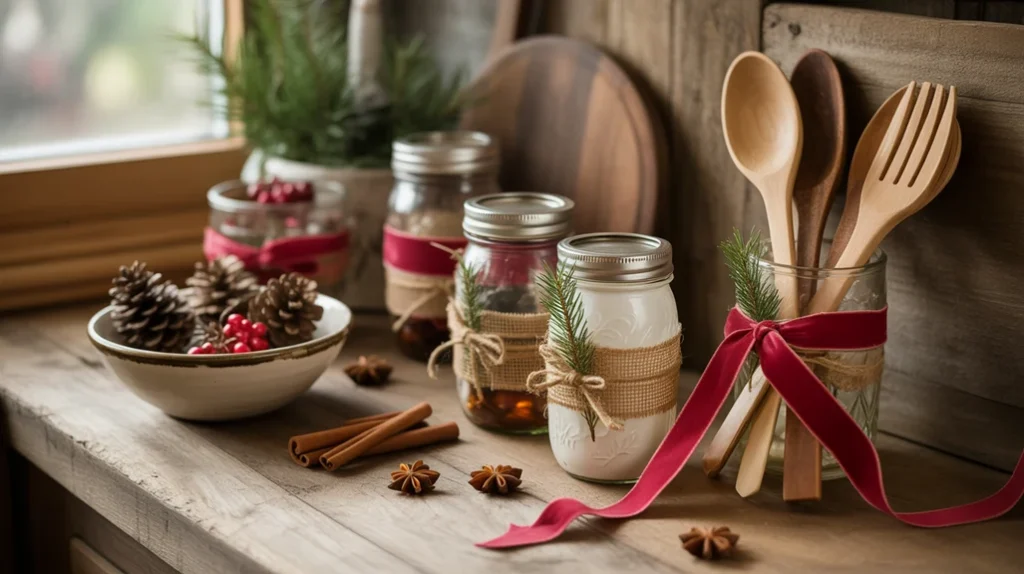 simple jars and utensils wrapped in ribbons used as cozy christmas kitchen decorations