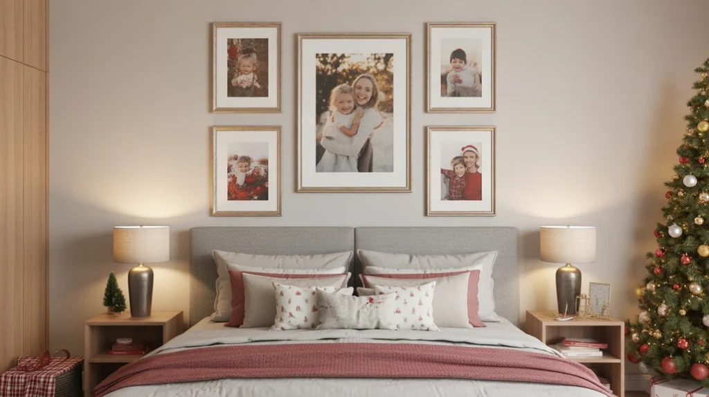 Family photo gallery on bedroom wall in festive frames adding warmth to Christmas bedroom design.