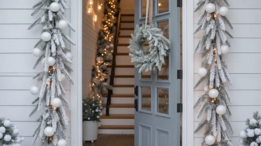 “Flocked greenery with a snowy finish for a winter-inspired Christmas entry”