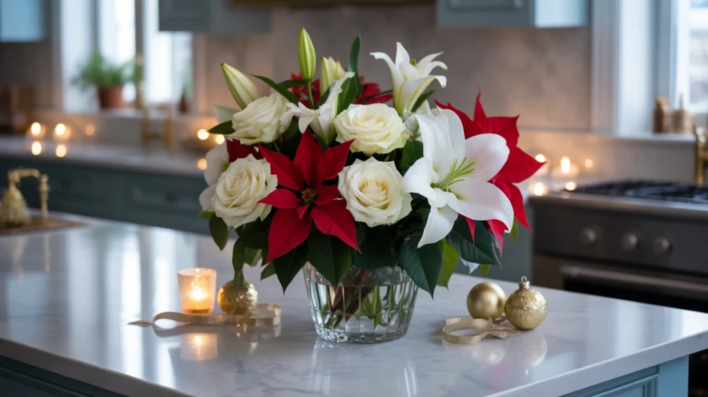 white roses and poinsettias in glass vase creating a festive and elegant christmas kitchen vibe