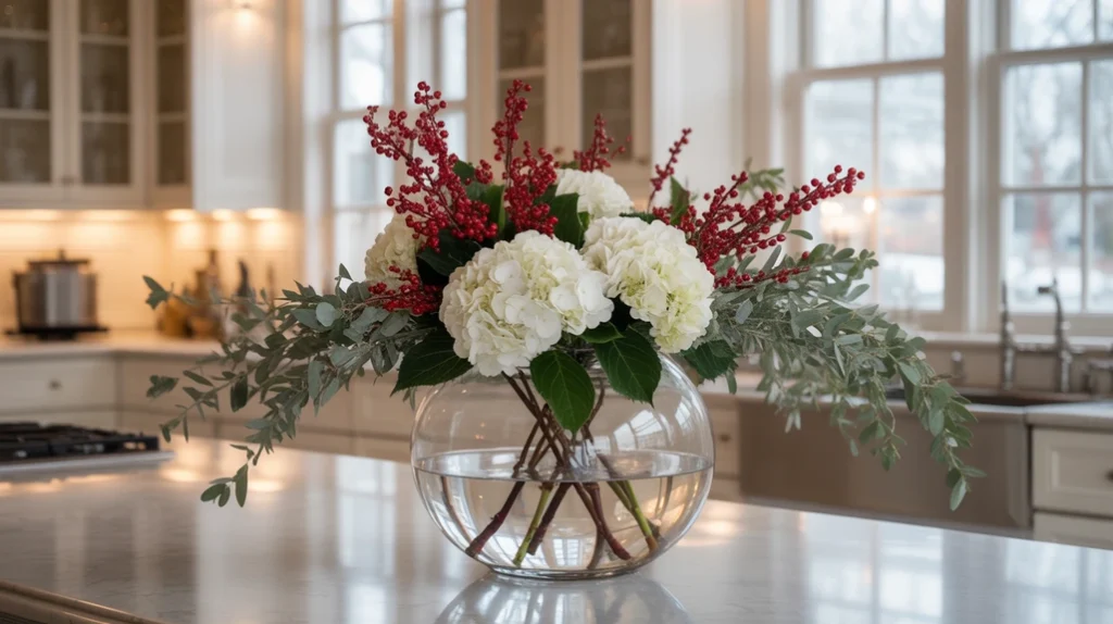 Winter floral centerpiece with white hydrangeas, berries, and eucalyptus adding elegance to Christmas kitchen island