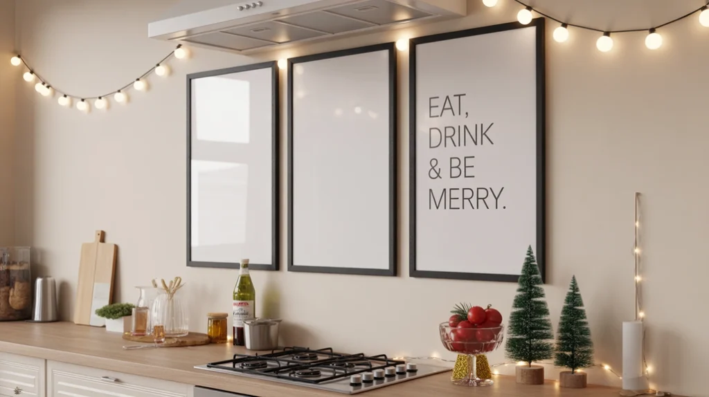 Framed Christmas quotes on a kitchen wall with soft lighting creating a cozy festive atmosphere.