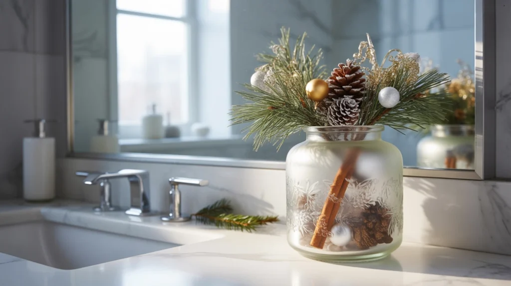frosted glass jar filled with pinecones and ornaments for festive bathroom sink decor