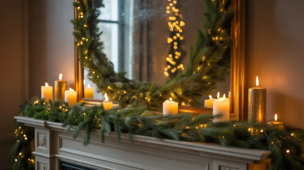 Neutral Christmas fireplace decor ideas with beige and gray tones