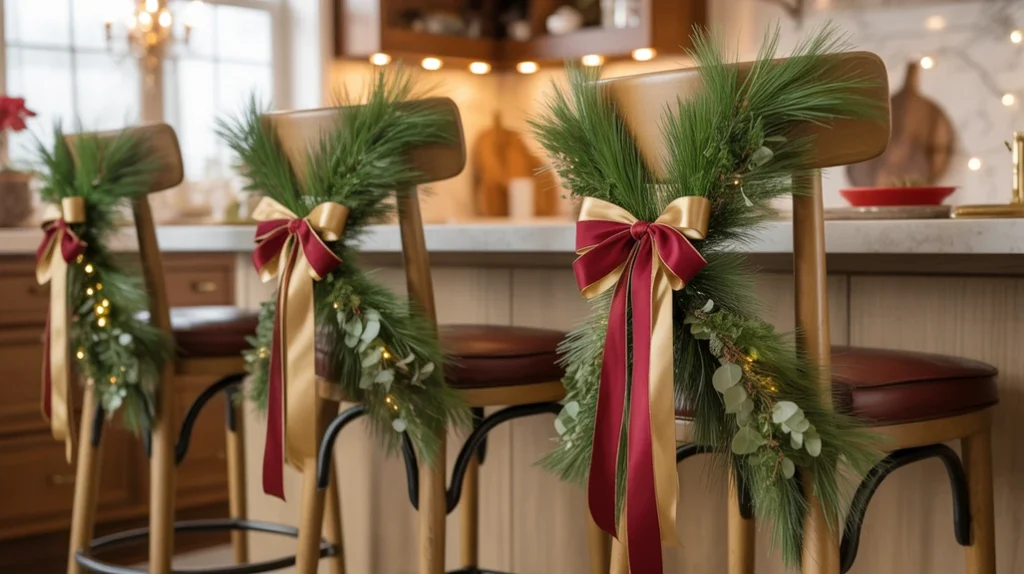 Bar stools wrapped with festive greenery garland and soft holiday ribbon