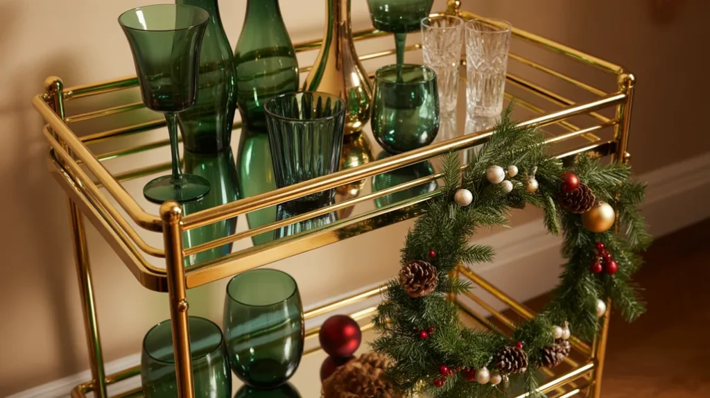 Festive gold bar cart styled with emerald glassware, mini wreaths, and holiday drinks for Christmas gatherings.
