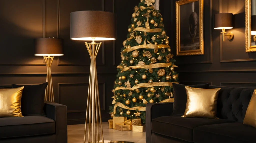 Gold lamps and modern lighting brightening a chic black and gold Christmas living room.