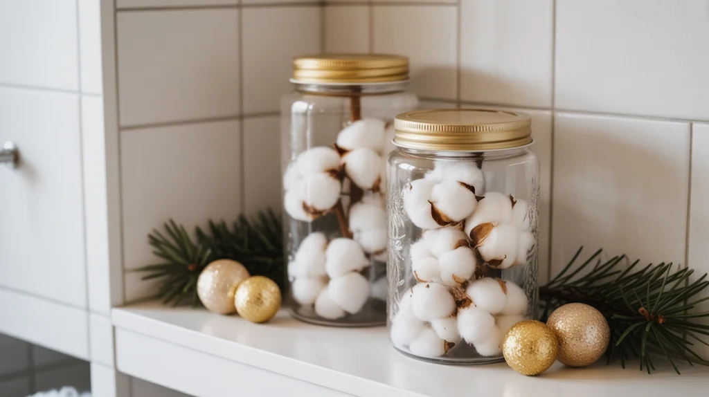 clear bathroom jars with gold lids filled with cotton balls and christmas potpourri